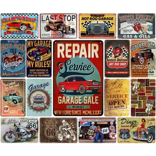 Repair Garage Sale Vintage Metal Signs Full Service Open 24 Hours Speed Car Oils Hot-rod for Shabby Chic Garage Bar Decoration