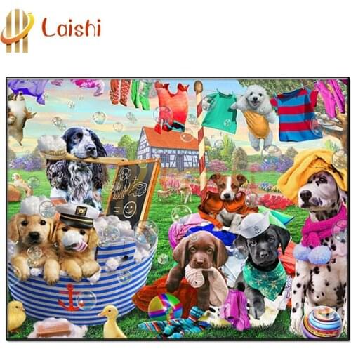 DIY photo custom Cartoon, cute dogs washing clothes diamond mosaic diamond rhinestone embroidery full drills square round decor