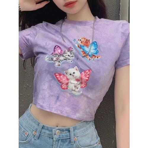 ArtSu Summer Casual Cat Print Cute Crop Top T Shirt Fashion Tie Dye Print Short Sleeve T-shirt Ladies Purple Streetwear TS52220