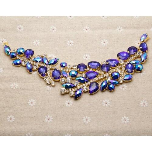 23*5.5cm Blue AB rhinestone applique Fake crystal Golden Base DIY wedding evening dress Decoration shoulder sewing decoration