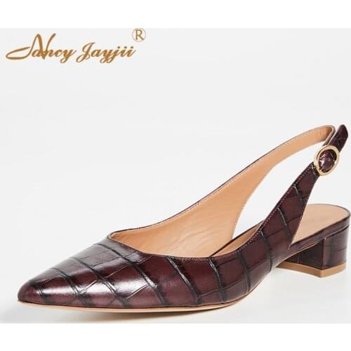 Dark Brown Slingbacks Croc Chunky Mid Heels Shoes For Womens Pointed Toe Open Back Mature Sexy Big Size 15 16 Autumn NANCYJAYJII