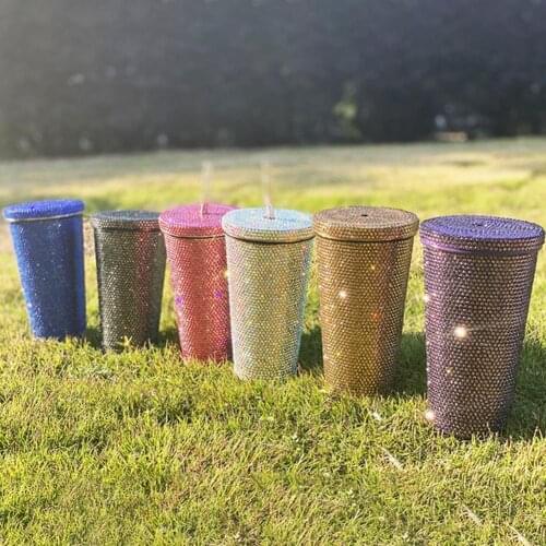 2pcsVacuum Flask Portable Wear-resistant Multi-colored Sturdy Thermal Mug for Hiking Diamond Studded Tumbler 2021 Mug With Straw