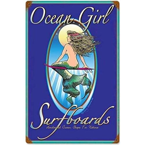 Vintage Metal Sign Tin Sign Ocean Girl Surfboards Surfing Mermaid Pin Up Girl Home Bar Kitchen Restaurant Wall Decor Sign