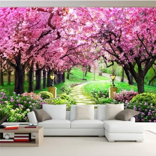 Wellyu Cherry tree garden path scenery TV sofa wall custom large mural green silk cloth wallpaper papel de parede