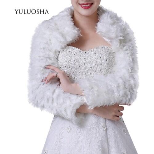 YULUOSHA 2020 Bridal Long Sleeve Plush Shawl Wedding Dress Coat Beige Wedding Dress Shawl Faux Fur Bridal Wraps Feather Robe