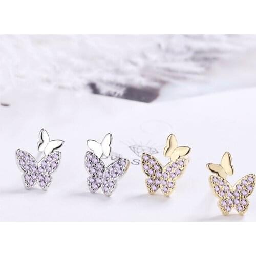 Sole Memory Diamond Butterfly Shiny Cute 925 Sterling Silver Fashion Female Stud Earrings SEA776