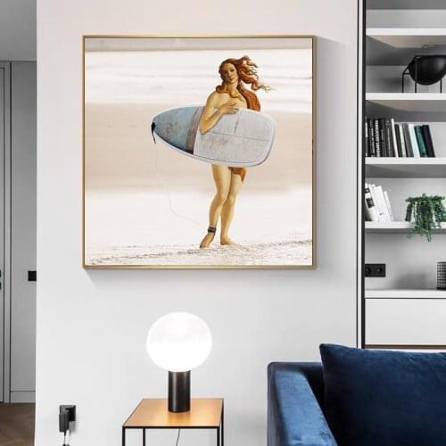 Retro Woman Surfing By The Sea Posters and Prints Canvas Paintings Wall Art Pictures for Living Room Decor (No Frame)