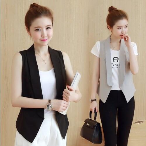 Spring Summer Women Vest Black Gray Sleeveless Jacket Coat Korean Elegant Office Ladies Slim Blazer Waistcoat