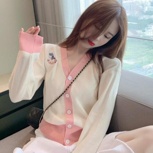 Cardigan jacket women 2021 spring and autumn new knit long-sleeved embroidery V-neck contrast sweater outer wear top tide