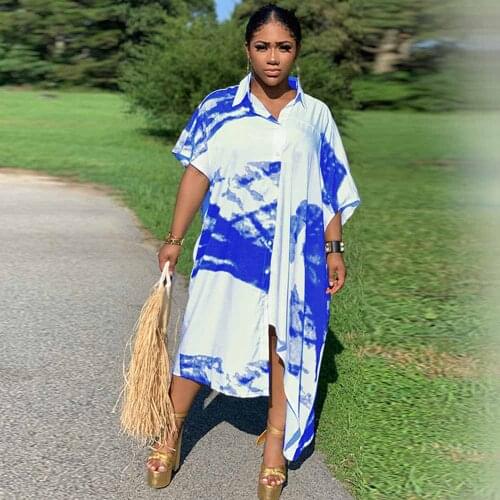 Large Size Tie Dyeing Print Loose Shirt Dress Women Turn Down Collar Short Sleeve Blouse Dress Summer Buttons Up Oversize Dress