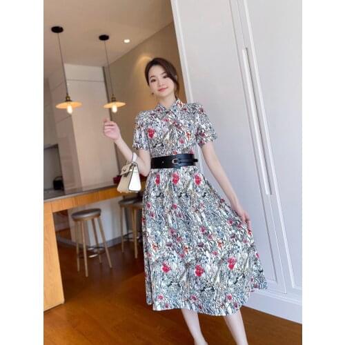 Floral dress 2021 summer new floral print lapel waist slimming mid-length holiday dress women elegant + Sashes