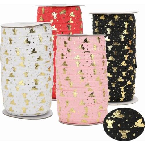 100yards 5/8"16mm Gold foil Valentine Cupid printed FOE fold over elastic ribbon welcome custom printed
