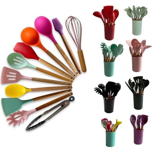 12 Pcs/set Silicone Cooking Utensils Set Wooden Handle Silicone Spatula Soup Spoon Brush Kitchenware Kitchen Tools