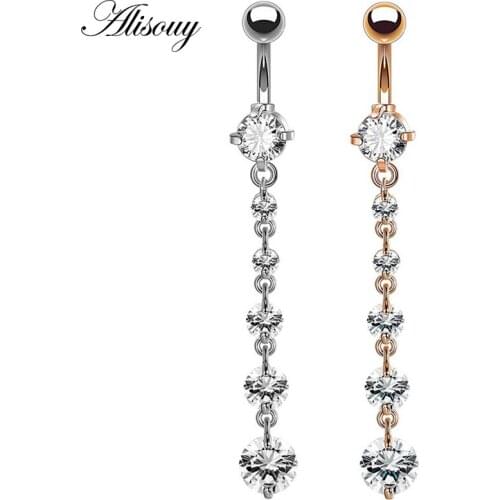 Alisouy 1pc Women long Dangle Belly Button Rings color Rose Gold Stainless Steel Navel Piercing omblingo Body Jewelry
