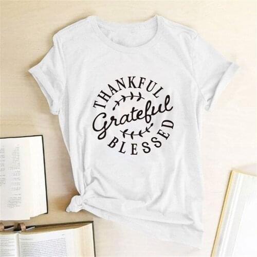 Thankful Gratefue Blessed Printed T Shirt Women Short Sleeve Harajuku Tee Shirt Femme Thanksgiving Holiday Gift for Girls Boys