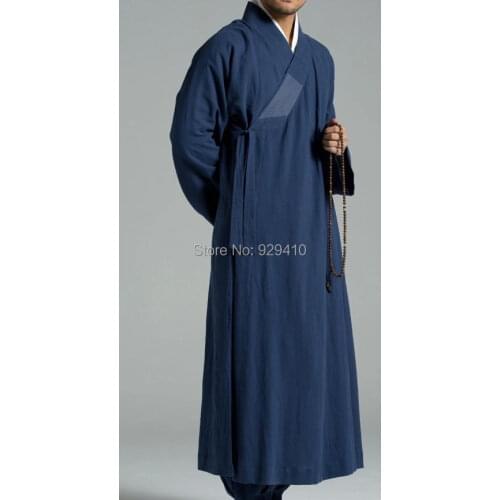 Buddhist Cotton&linen shaolin monk long robemeditation kung fu gownmartial arts clothing uniformLay suits buddhism SUMMER blue