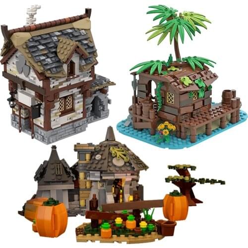 Buildmoc Architecture Medieval Tavern Pirate Shed Hut Tiny House MOC Model Building Blocks Toys for Children DIY Toy Kids Gifts