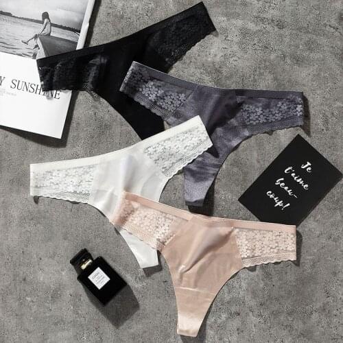 European Thong Pants Sexy Lace Panties Fashion Hollow Out Ice G-String Low Waist Seamless Transparent T Pants Female Lingerie