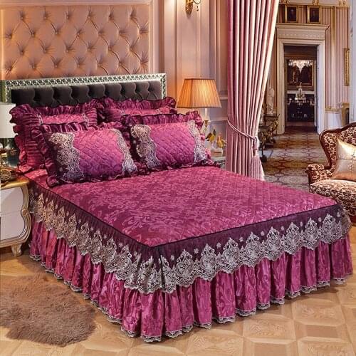 Korean Bed Skirt Solid European Lace Thickened Bed Cover Crystal Velvet Anti Slip Bed Spreads with Pillowcases Home Textiles