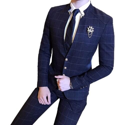 Jacket Pants ) High-end Brand Casual Business Mens Slim Suit Plaid Groom Wedding Dress Male Formal Stand Collar Suits 2pcs Set