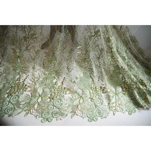 Retro Style Green Gold Hollow Out Embroidered Floral Lace Fabric New Design Bridal Gown Fabric 7 Colors Optional
