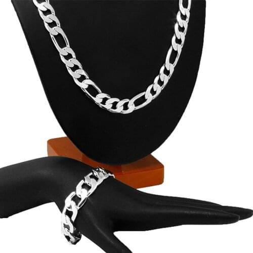 Mens Jewelry Sets White Gold Filled 10mm Italian Figaro Link Chain Necklace & Bracelet Sets 24 & 8.66 Inches