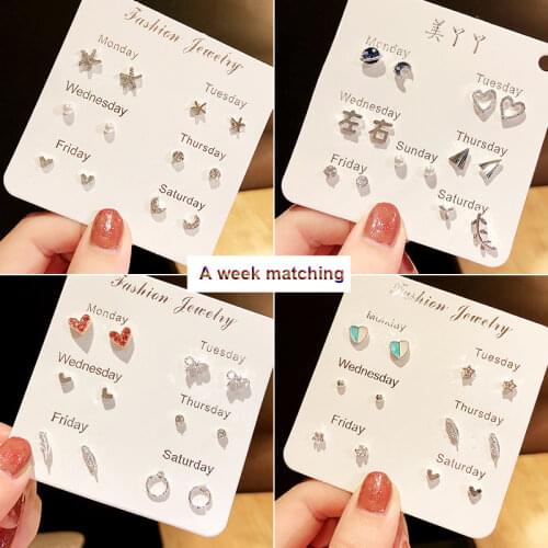 Silver Crystal Stud Earrings Monday To Saturday Matching Fashion Korean Earring Ear Studs Sweet Girl One Week Earrings Set