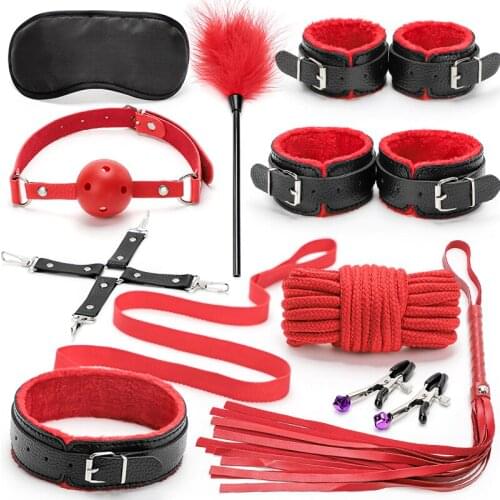 10pcs Adult Handcuffs Ball Whip Kit Bondage Set Sex Toys For Woman Couple BDSM Sex Toy Adult Games Sex Toys Handcuffs for Sex