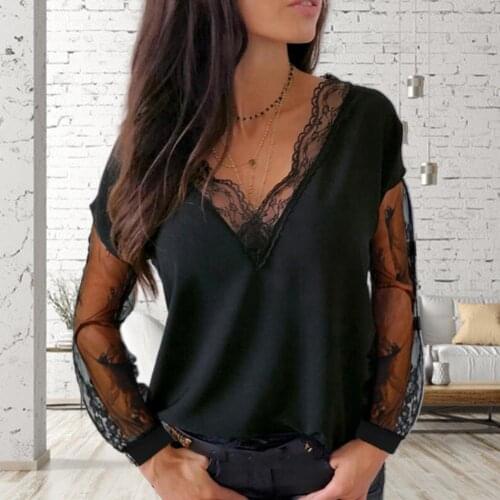 New Women elegant Sexy Women Lace Patchwork See Through Long Sleeve V Neck Loose T-shirt Blouse feminina shirt tops