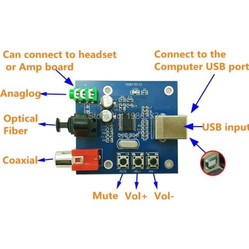 WS16 PCM2704 5V Powered 2-Channel HIFI DAC USB To S/PDIF Sound Card Decoder Board 3.5mm Analog Output F/PC Connector