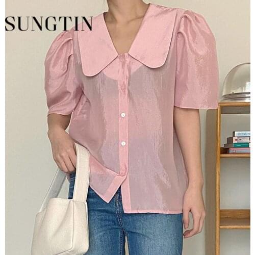Sungtin Sweet Solid Puff Sleeve Pink Shirt Blouse Women Peter Pan Callor Cute Shirt Summer Thin Soft Kawaii Fashion Shirts Korea