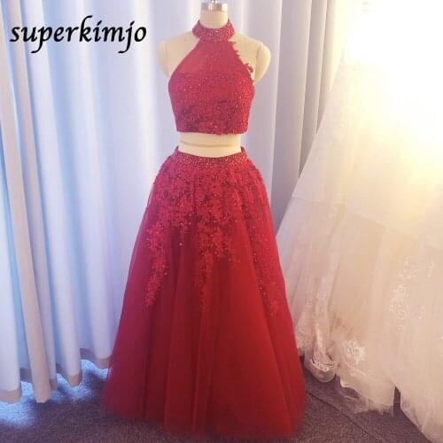 SuperKimJo 2 Piece Prom Dresses 2020 High Neck Lace Applique Beaded Burgundy Prom Gown Vestido De Fiesta De Gala