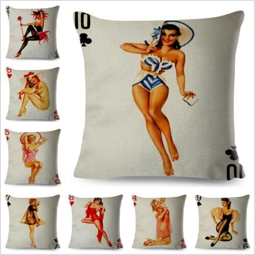 Vintage Poker Sexy Girl Cushion Cover Decor Poster Lady Pillow Case for Sofa Car Home 45x45cm Linen Pillowcase Pillows Covers