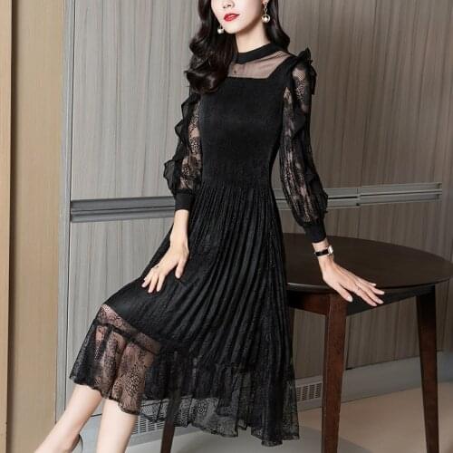 Vintage O-neck Ruffle Full Sleeves Black Dress Middle Length Illusion Lace Loose Office Lady Blue Dresses for Women Party 2021