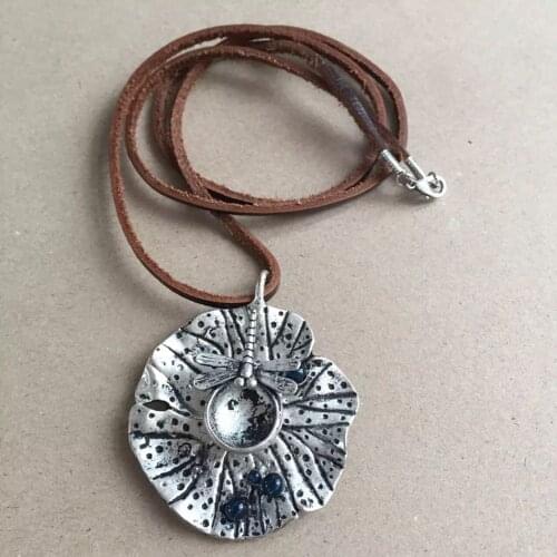 New Vintage Dragonfly Pendant Brown Leather Necklace, Retro Brown Leather Long Jewelry