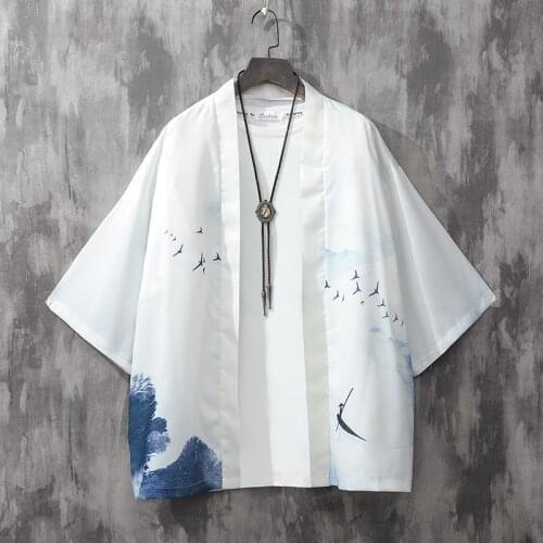 Japanese Kimono Cardigan Men Summer Beach Sunscreen Loose Kimono Mens Shirt Yukata Haori Retro Women Asian Costumes KK3576
