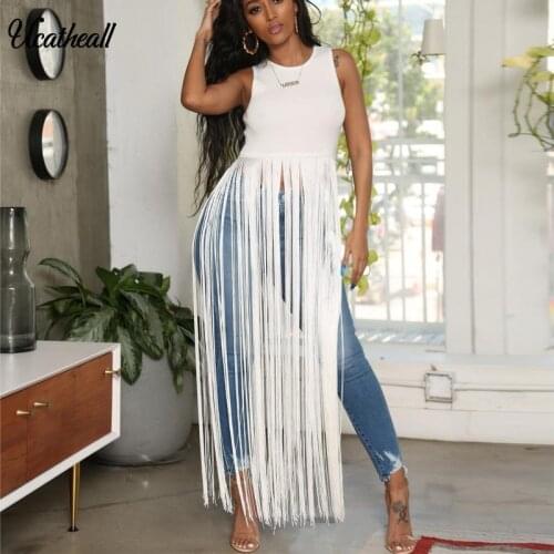 Slveless Sexy Tassels Nightclub T-shirt Fringe Embellished Causal Top New Summer Tassel Tee Women T-shirt