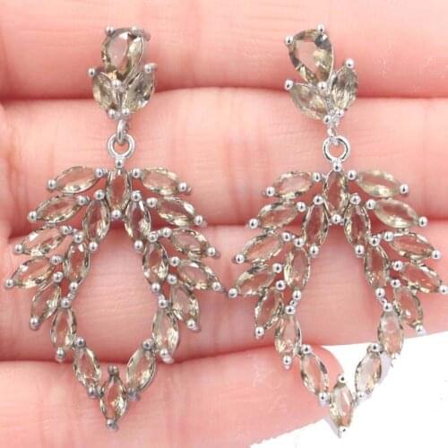 47x26mm Stunning Created Smokey Topaz White Bright Cubic Zircon Fine Jewelry Women Bride Wedding Silver Earrings