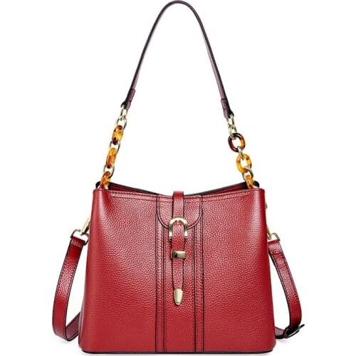Ladies Genuine Leather Chain Shoulder Bags Large Capacity Bucket Messenger Bags For Female Vintage Luxury Women Totes Bag New