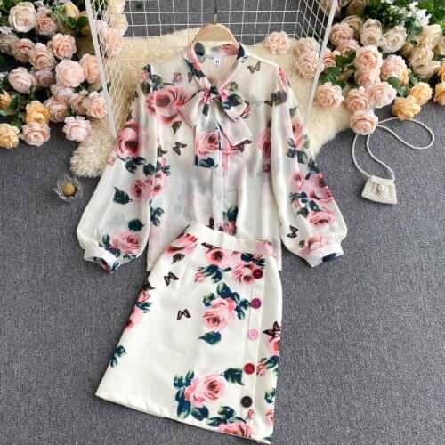 Women Summer Gorgeous Pink Rose Printed Two Piece Skirts Set Sweet Bow Collar See Through Chiffon Shirt Top + Button Skirt Suits