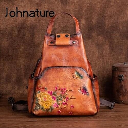 Johnature Genuine Leather Embossed Shoulder Bag Women Backpack 2021 New Retro Large Capacity Nature Cowhide Travel Backpacks