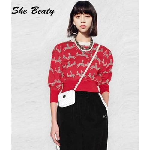 She Beaty Knitted Sweater Women 2021 Autumn Winter Red Zebra Pattern Long Sleeve Korean Fashion Vitnage Sweaters Pullover Tops