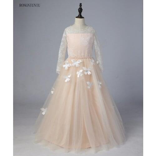 Champagne Long Sleeve Flower Girl Dresses for Wedding 3D Flowers Ball Gown 2019 Little Girls Communion Party Pageant Dress