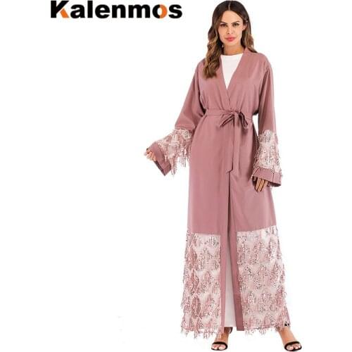Sequins Open Abayas for Women Muslim Caftan Kimono Jubah Lace-up Hijab Dress Islamic Clothing Long Robe Jilbab Abaya Dresses
