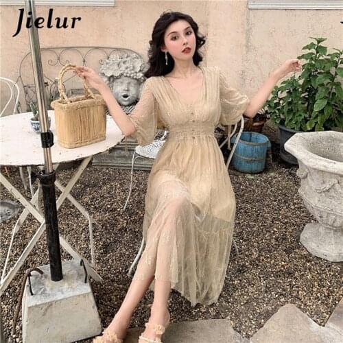 Jielur Lace Summer Dress High Waist Sexy Deep V-neck Chic Women Dress New Robe Femme Slim Elastic Waist Short Sleeve Dresses