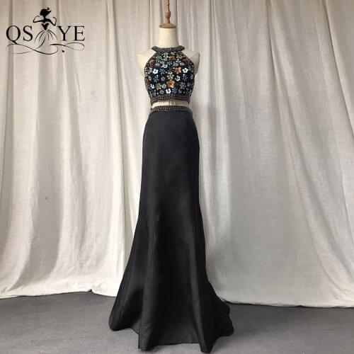 QSYYE Black Two Pieces Prom Dress Flowers Beads Bodice Evening Dress Mermaid Halter Neck Beading Belt Formal Party Gown