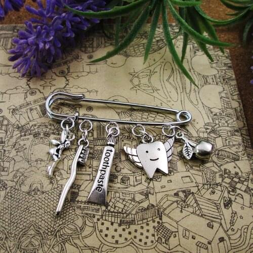 Dental Hygiene Silver Pin Brooch Toothbrush Toothpaste Teeth silver plated charm brooch