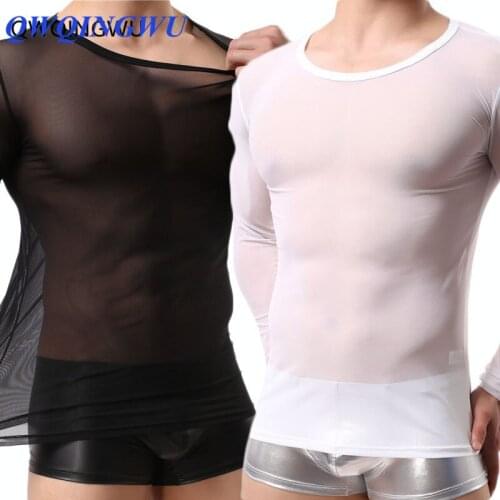 2PCS Man Undershirts Gay Nylon Mesh See Through Sheer Long Sleeves T Shirts Male Sexy Compression Shirts Underwear Undershirt