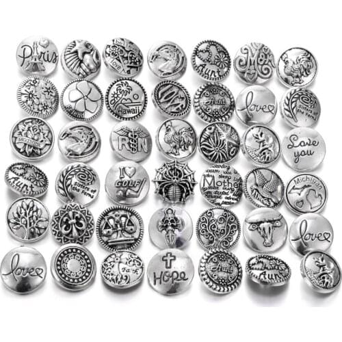 6pcs/lot New Snap Jewelry 10 Designs Silver color Round Metal 18mm Snap Buttons fit 18mm 20mm Snap Bracelet Bangles