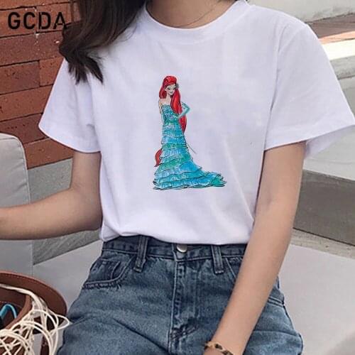 Harajuku T Shirt Women Summer Disney Princess Ariel The Little Mermaid Print Tshirt Casual Female T Shirt Gift for Lady Tee Tops